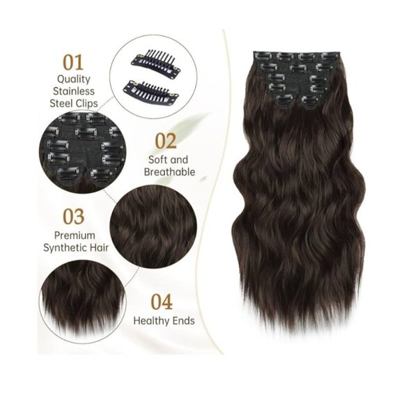 Vigorous Womens 20" Dark Brown Wavy Clip-In Hair Extensions 6 Pcs Set Synthetic - Picture 2 of 8